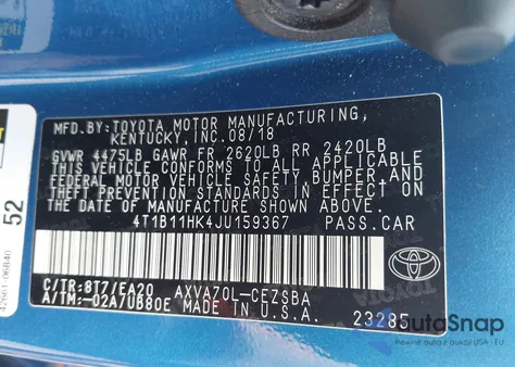 2018 Toyota Camry Se z USA, uszkodzony, nr VIN 4T1B11HK4JU159367